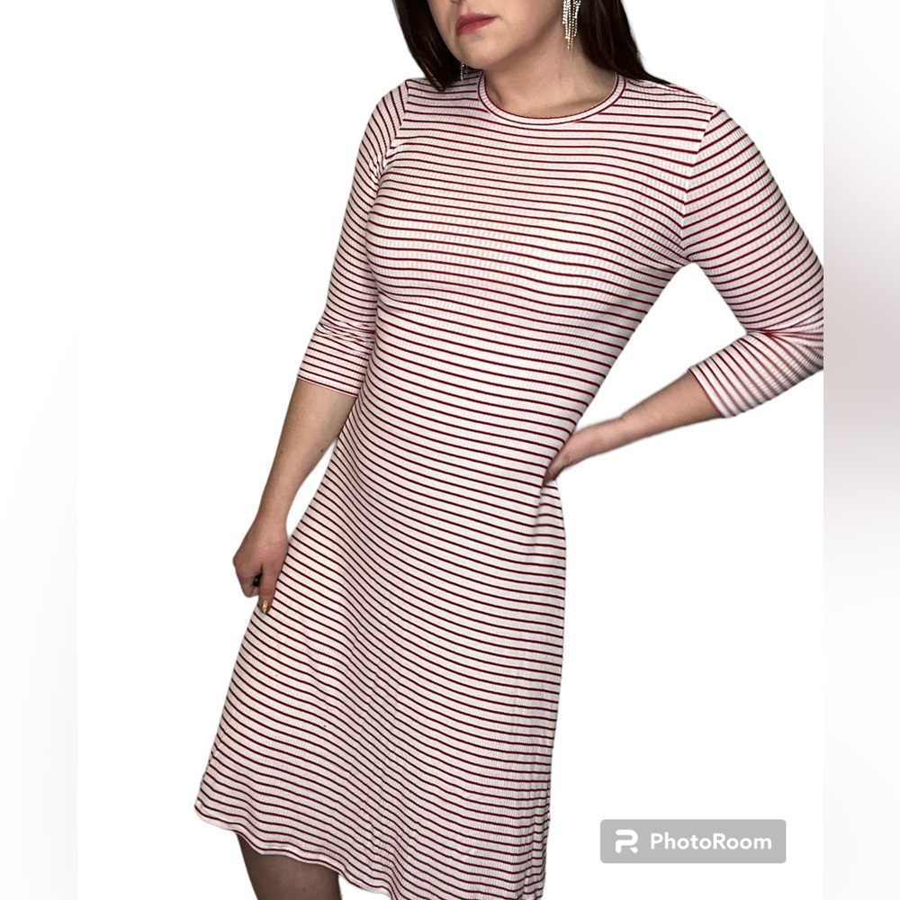 Anthropologie Three Dots Midi Dress Red & White Stripe Casual Ribbed 3/4 Sleeve